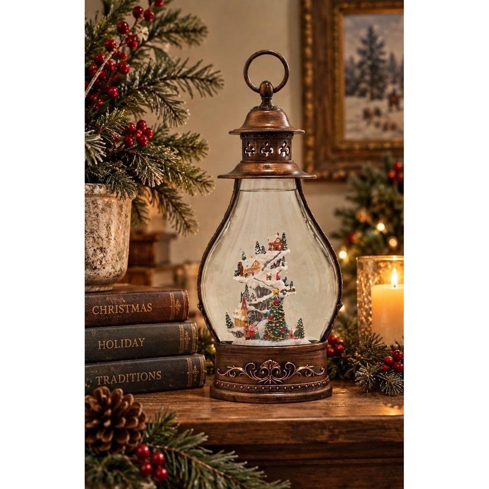 Lighted Christmas Water Globe Holiday Decor, Bronze Style Lantern Glitter